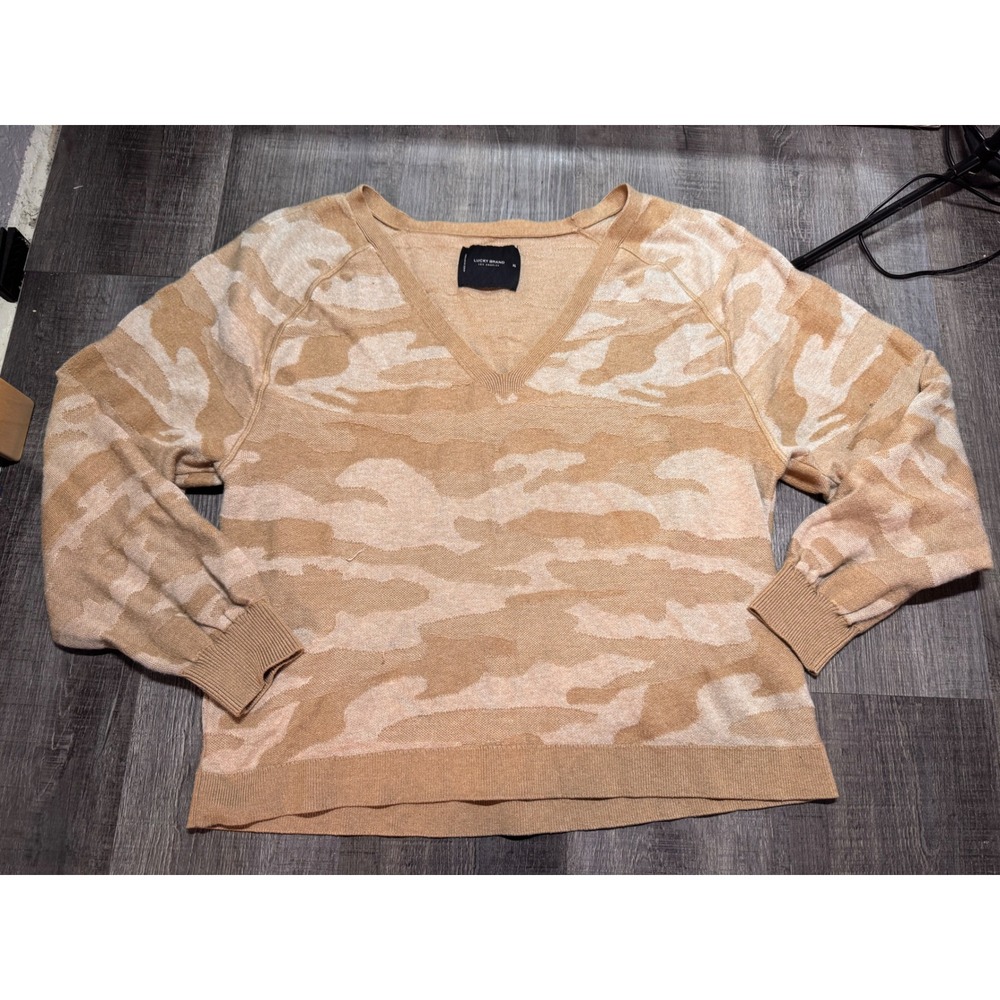 Lucky Brand Womens XL Tan Camo V-Neck Sweater Camouflage Raglan Pullover Knit